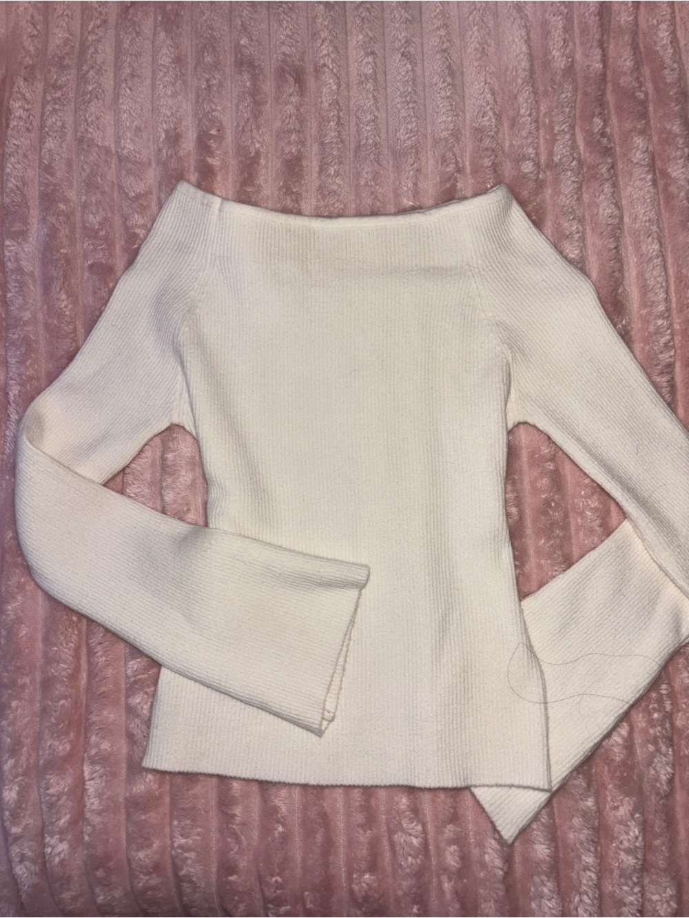 Off-Shoulder Cream Ribbed Knit Sweater